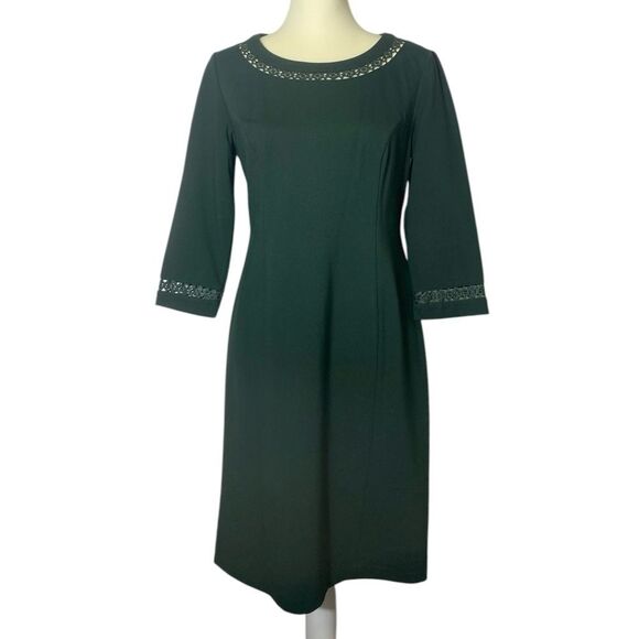 Talbots Petites Dark Green Crochet Neck Sheath Dress Mini Length Women's Size 8P - Picture 1 of 16